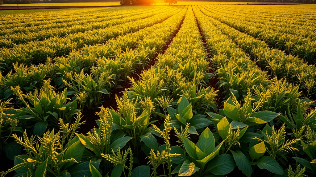 Lush agricultural field with diverse climate-resilient crop varieties growing under challenging environmental conditions, golden hour lighting, natural ecosystem aesthetic