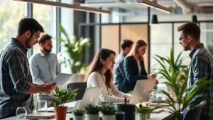 Professional office environment with natural light, diverse employees collaborating at workspace, plants visible, warm lighting, emphasizing human connection and wellbeing, photorealistic