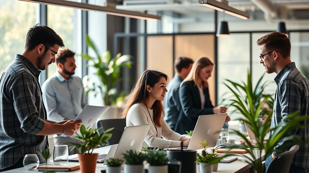 Professional office environment with natural light, diverse employees collaborating at workspace, plants visible, warm lighting, emphasizing human connection and wellbeing, photorealistic