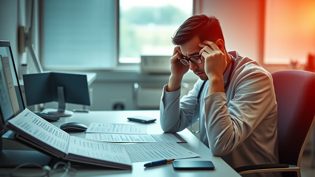 Healthcare worker looking stressed at hospital desk with medical charts, showing fatigue and burnout impact, realistic clinical setting, natural lighting from window