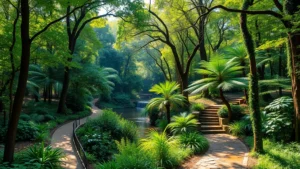 Lush forest park with winding trails and diverse vegetation, sunlight filtering through canopy, natural water feature visible, photorealistic nature scene without people or text