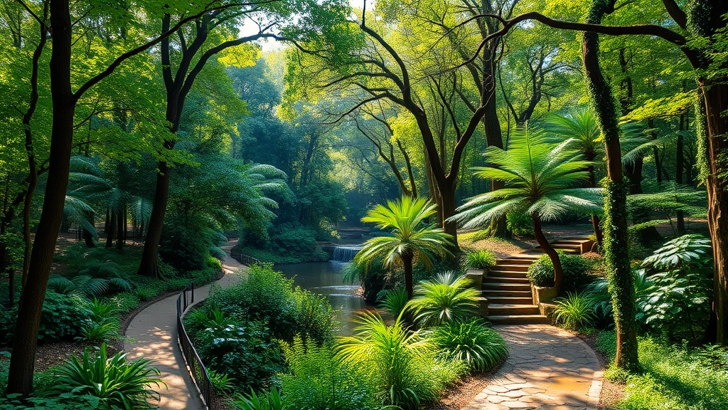 Lush forest park with winding trails and diverse vegetation, sunlight filtering through canopy, natural water feature visible, photorealistic nature scene without people or text