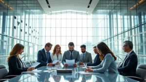 Photorealistic image of diverse business professionals in a modern government building with transparent glass architecture, natural light streaming through, representing institutional transparency and stable governance. People reviewing documents at conference tables, symbolizing policy transparency and democratic accountability. No text, charts, or letters visible.