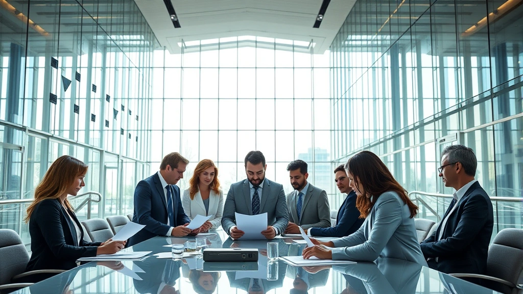Photorealistic image of diverse business professionals in a modern government building with transparent glass architecture, natural light streaming through, representing institutional transparency and stable governance. People reviewing documents at conference tables, symbolizing policy transparency and democratic accountability. No text, charts, or letters visible.