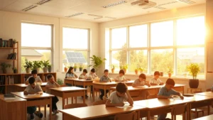 Sunlit classroom interior with natural daylight streaming through large windows, students at desks engaged in learning, wooden furniture, potted plants on shelves, visible solar panels through windows, warm natural light creating positive atmosphere, photorealistic educational environment