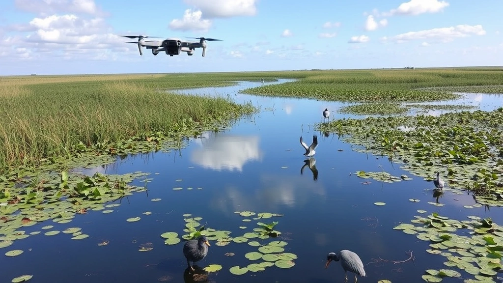 Drone view of restored wetland ecosystem with native water plants, wading birds, and clear water reflecting sky, showing thriving habitat restoration project
