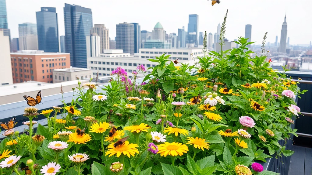 Urban green rooftop garden with diverse flowering plants, pollinating bees and butterflies, city skyline background, demonstrating city ecosystem integration