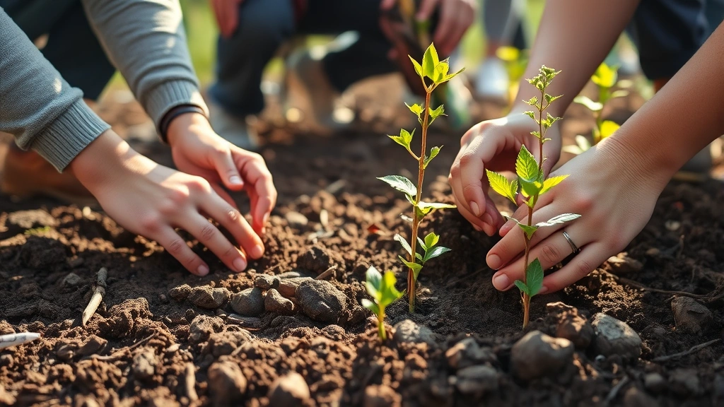 Hands planting native seedlings in enriched soil during community restoration project, diverse volunteers working together, morning sunlight illuminating growing ecosystem