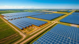 Aerial view of sprawling solar panel array in agricultural landscape with blue sky and green fields, photorealistic professional photography, no text or labels