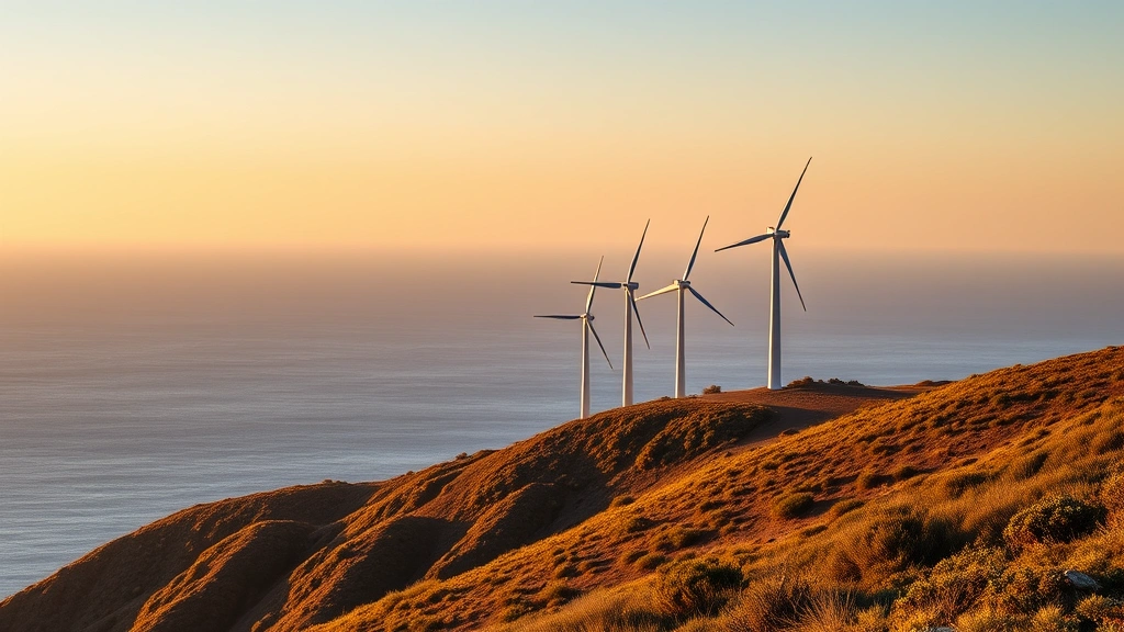 Wind turbines on coastal hillside with ocean horizon, golden hour lighting, diverse landscape with vegetation, no charts or text visible