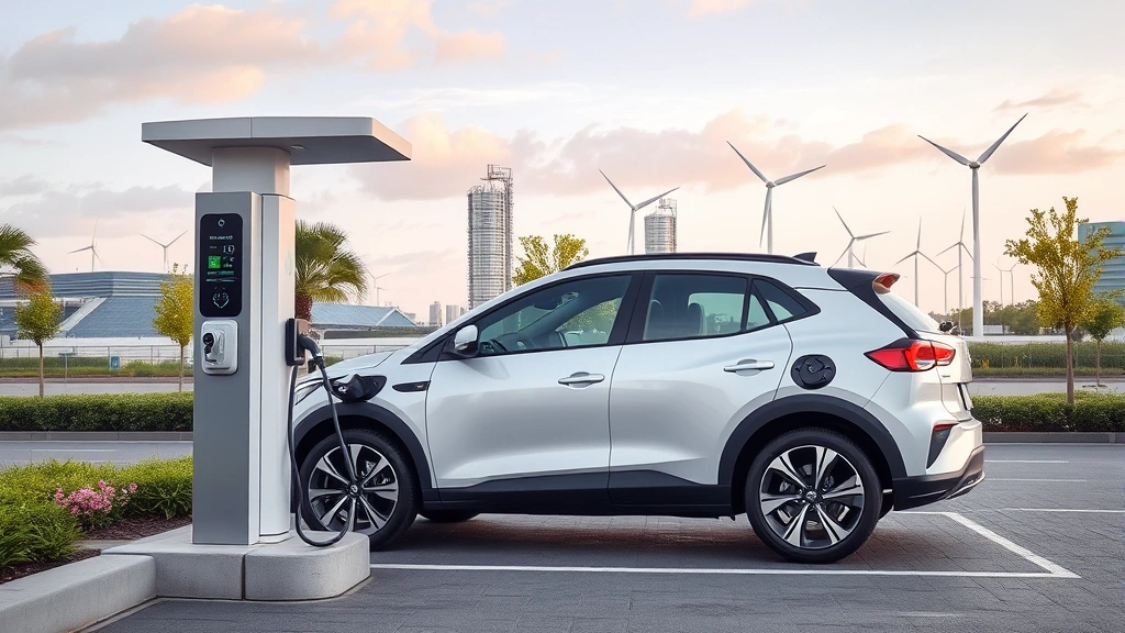 Modern electric vehicle charging station with renewable energy facilities visible in background, city infrastructure showing green technology integration, no graphs or text
