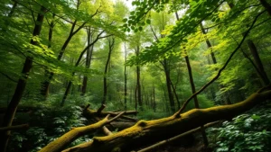 Lush forest canopy recovering with diverse green layers, sunlight filtering through leaves, vibrant understory vegetation, moss-covered logs, thriving woodland ecosystem with natural regeneration visible, photorealistic natural lighting, temperate forest landscape