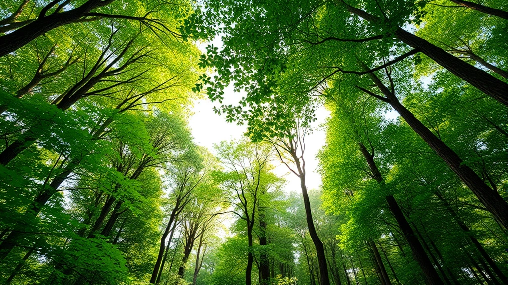 Lush green forest canopy viewed from below with sunlight filtering through leaves, diverse native trees in various growth stages showing active reforestation success, natural ecosystem recovery landscape, photorealistic forest restoration, no text or labels