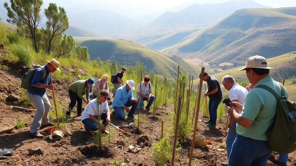 Diverse group of workers and volunteers planting native trees in a degraded hillside landscape, using hand tools and saplings, morning sunlight, green hills in background, collaborative environmental restoration effort, natural outdoor setting