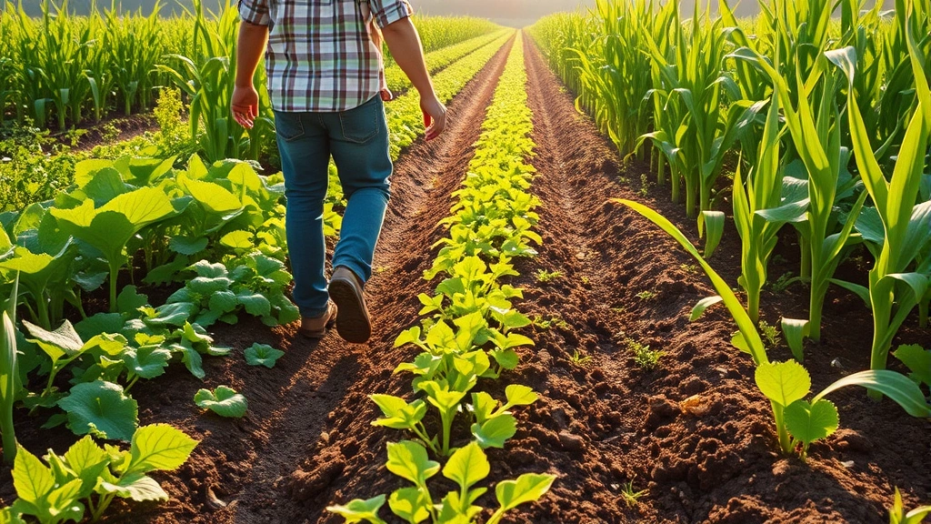 Farmer walking through lush green regenerative agriculture field with diverse crops, healthy soil, and earthworms visible, morning sunlight filtering through crops showing vibrant biodiversity and ecological restoration