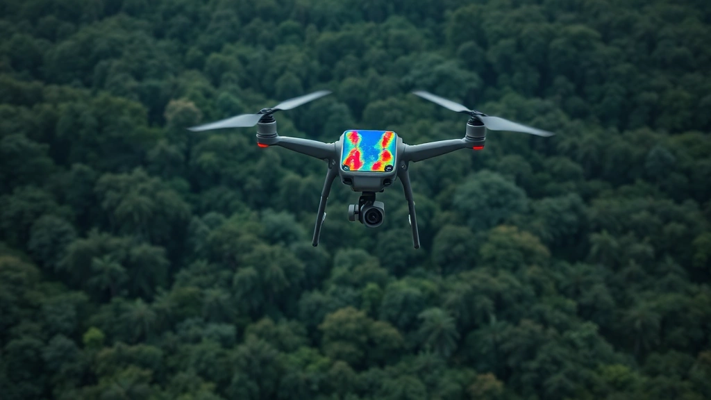 Drone hovering above dense rainforest canopy with thermal imaging display showing healthy vegetation patterns and wildlife movement corridors, showcasing advanced conservation technology monitoring ecosystem recovery