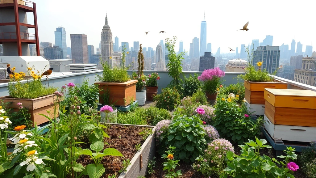 Urban rooftop garden with native flowering plants, beehives, and green infrastructure overlooking city skyline, demonstrating thriving biodiversity in metropolitan environment with pollinators and birds active
