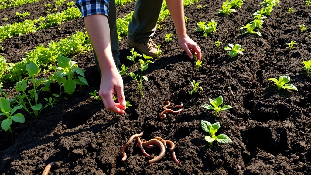 Farmer inspecting rich dark soil in regenerative agriculture field with diverse cover crops, nitrogen-fixing plants, and healthy earthworms visible, natural sunlight, hands-on land stewardship