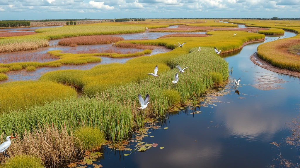 Aerial view of restored wetland ecosystem with diverse water birds, cattails, and natural vegetation bordering healthy waterway reflecting sky, photorealistic nature photography