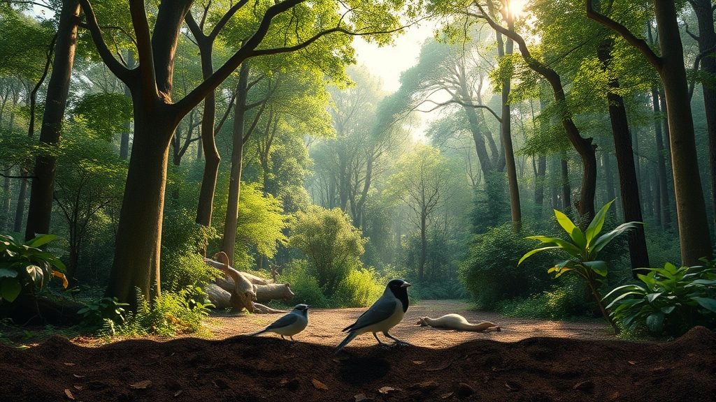Lush forest landscape with diverse native trees and wildlife, sunlight filtering through canopy, healthy soil visible at base, birds and insects active throughout—photorealistic ecosystem restoration success