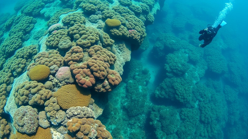 Coastal marine ecosystem with vibrant coral formations, fish schools, seagrass meadows, clear water, human divers conducting conservation work—restored ocean habitat showing biodiversity recovery