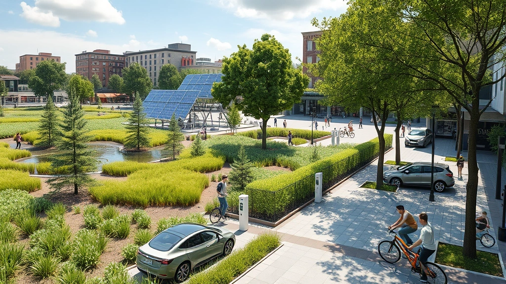 Modern electric vehicles charging at renewable energy stations surrounded by restored wetlands and native vegetation, bustling urban plaza with green infrastructure, people walking and cycling, trees providing canopy cover, photorealistic city scene demonstrating circular economy integration
