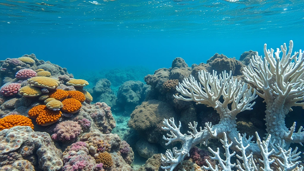 Underwater coral reef ecosystem transitioning from healthy vibrant corals to bleached white coral skeletons, showing climate change and ocean acidification impacts, natural underwater photography, no text overlay