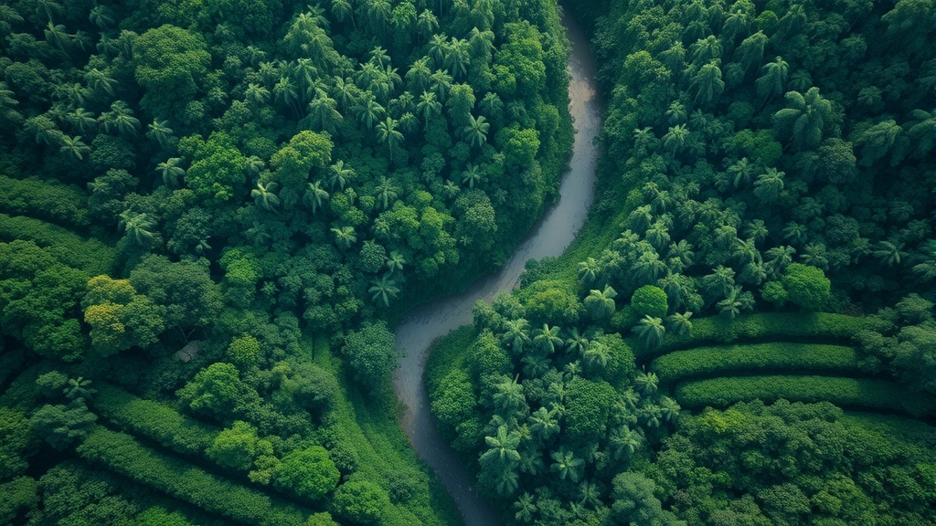 Aerial view of pristine tropical rainforest canopy with winding river, dense green vegetation, and biodiversity hotspot, photorealistic natural lighting, no text or labels