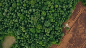 Aerial view of intact rainforest canopy with diverse tree species and wildlife, contrasting with adjacent deforested agricultural land, showing biodiversity's landscape complexity and economic value through ecosystem intactness