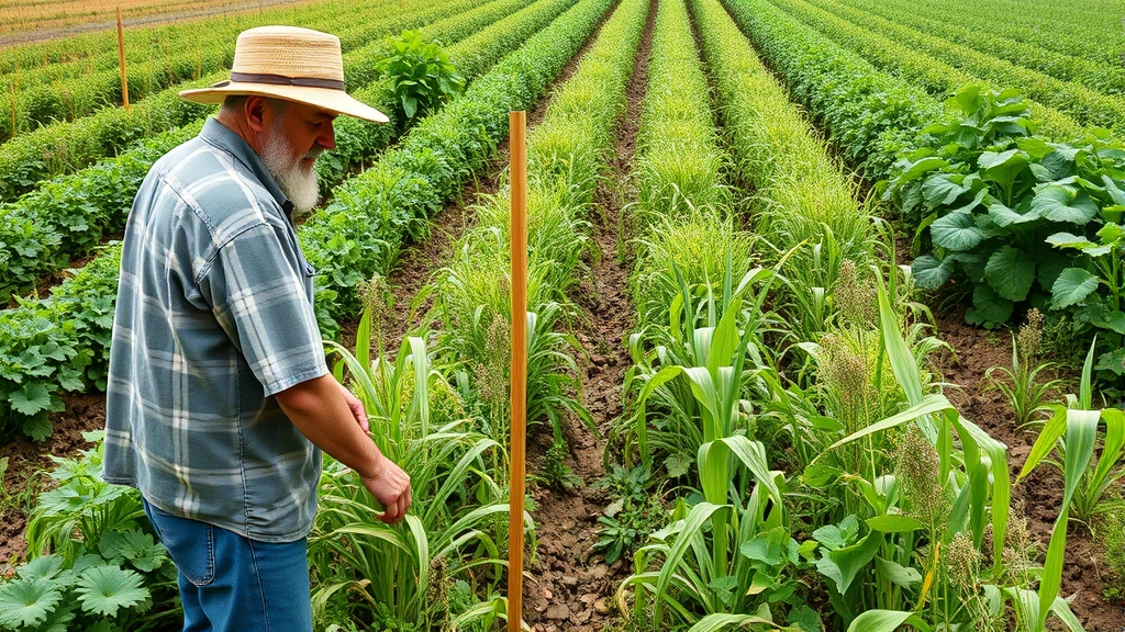 Farmer in biodiverse polyculture field with multiple crop species, legumes, and native plants growing together, demonstrating higher productivity and natural pest control compared to monoculture farming systems