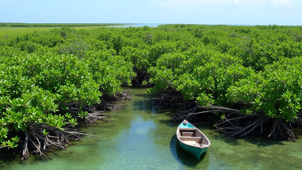 Coastal mangrove forest ecosystem with dense root systems, fishing boats, and clear water, representing ecosystem services value including carbon sequestration, coastal protection, fishery support, and tourism potential