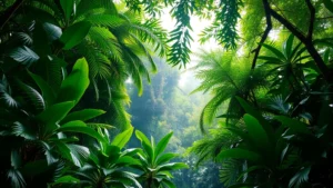 Lush tropical rainforest canopy with diverse plant layers, sunlight filtering through leaves, vibrant ecosystem showing ecological complexity and natural economic productivity