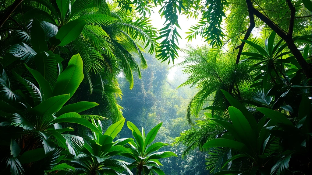 Lush tropical rainforest canopy with diverse plant layers, sunlight filtering through leaves, vibrant ecosystem showing ecological complexity and natural economic productivity