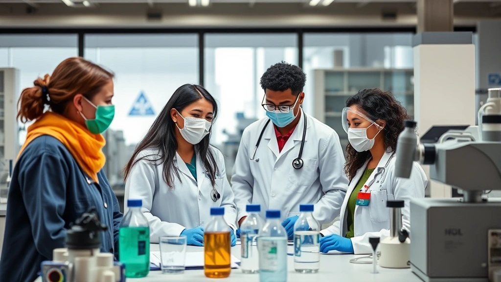 Diverse healthcare workers and environmental scientists collaborating in modern laboratory with air quality monitors and water testing equipment representing public health workforce