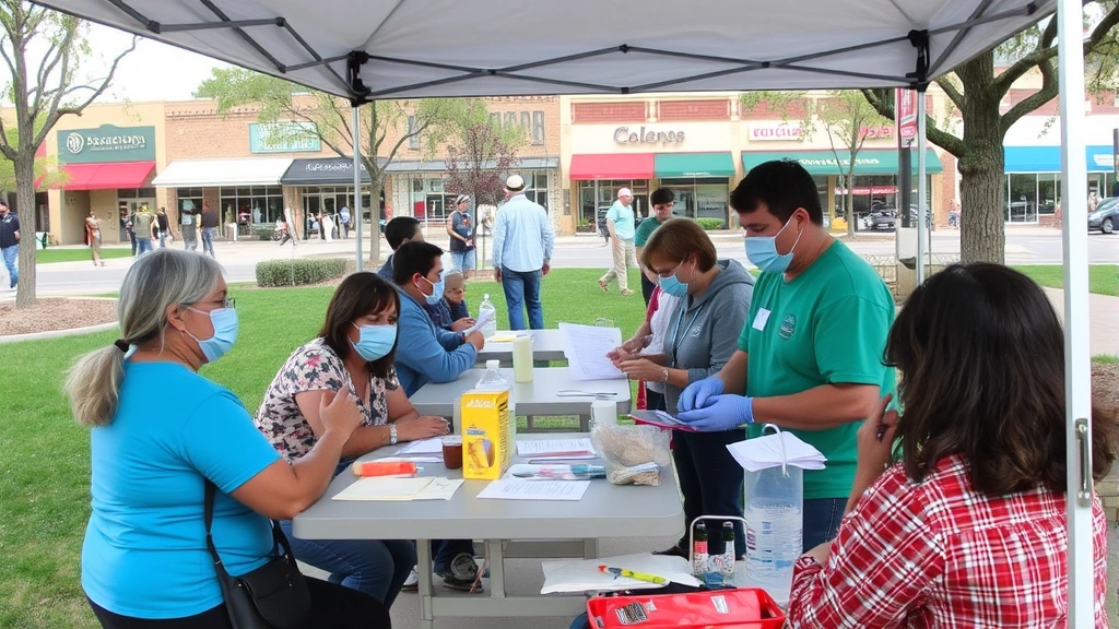 Community health fair with residents receiving vaccinations and health screenings under tent in downtown Pueblo park with local businesses visible in background