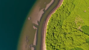 Aerial view of newly planted mangrove forest restoration project with water channels and healthy green vegetation growth along coastal wetland, photorealistic nature photography, no text