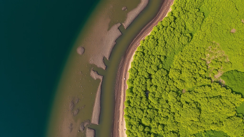 Aerial view of newly planted mangrove forest restoration project with water channels and healthy green vegetation growth along coastal wetland, photorealistic nature photography, no text