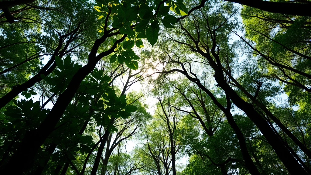 Forest canopy view from below showing dense biodiversity with trees, understory vegetation, and natural light filtering through leaves, thriving ecosystem health, photorealistic, no text
