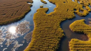 Aerial view of diverse wetland ecosystem with water channels reflecting sunlight, surrounded by reeds and marsh vegetation, birds flying overhead, showcasing natural water purification and biodiversity habitat services without any text or labels