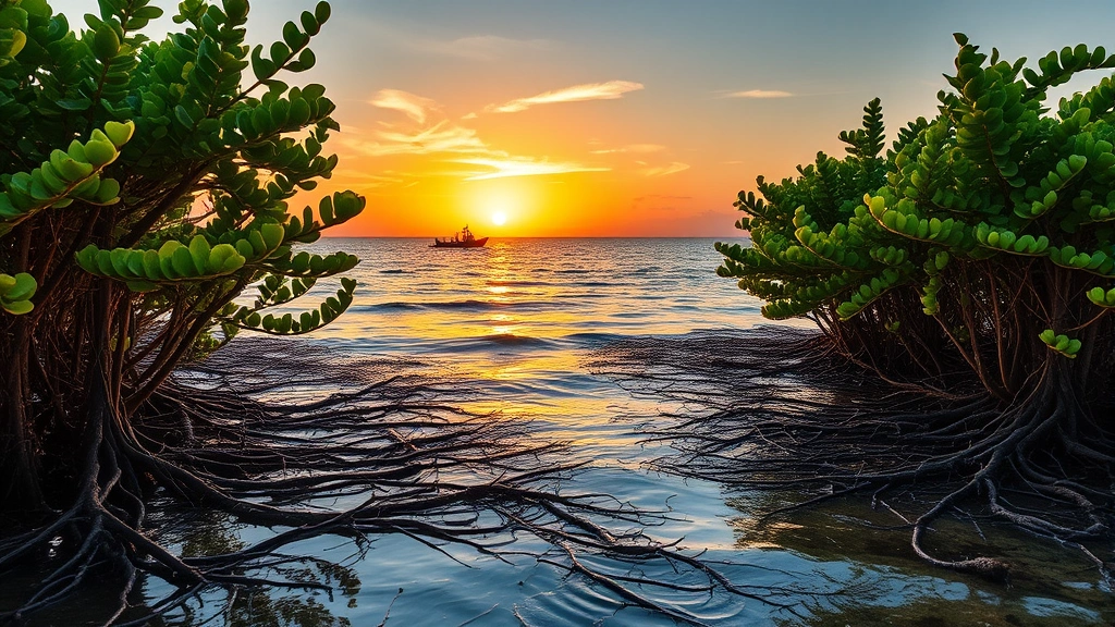 Coastal mangrove forest meeting ocean waters at sunset, with intricate root systems visible in shallow water, fishing boats in distance, demonstrating integrated ecosystem services of storm protection, fishery support, and carbon sequestration without charts or text