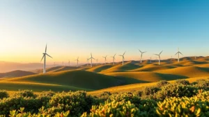 Photorealistic image of a modern renewable energy wind farm spanning across rolling green hills during golden hour, with healthy vegetation in foreground and blue sky, no text or labels, emphasizing clean technology infrastructure