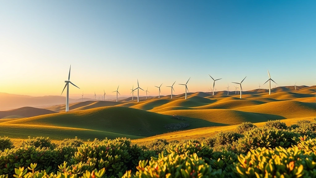 Photorealistic image of a modern renewable energy wind farm spanning across rolling green hills during golden hour, with healthy vegetation in foreground and blue sky, no text or labels, emphasizing clean technology infrastructure