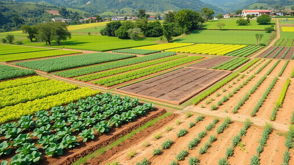 Photorealistic photograph of an integrated agricultural landscape showing sustainable farming practices with crop diversity, water conservation systems, and healthy soil, natural lighting, no text or signage, showing human-environment balance