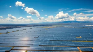 Aerial view of sprawling solar panel farm under blue sky with white clouds, mountains visible in distance, photorealistic landscape photography