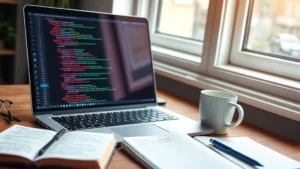 A developer's laptop screen showing Python test code with colorful syntax highlighting, coffee cup beside keyboard, notebooks with testing notes, natural window lighting from the side