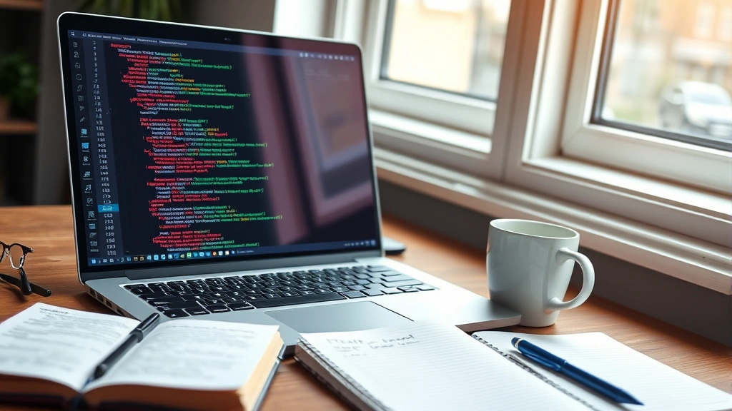 A developer's laptop screen showing Python test code with colorful syntax highlighting, coffee cup beside keyboard, notebooks with testing notes, natural window lighting from the side