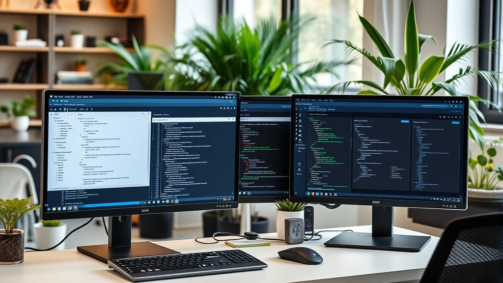 Modern software development workspace with multiple monitors displaying test results and environment configuration dashboards, plants in background, professional yet comfortable setting with natural elements visible