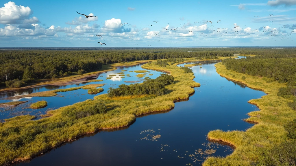 Aerial view of restored wetlands with water channels reflecting sky, native vegetation thriving, birds flying overhead, transition zone between forest and water, healthy ecosystem recovery