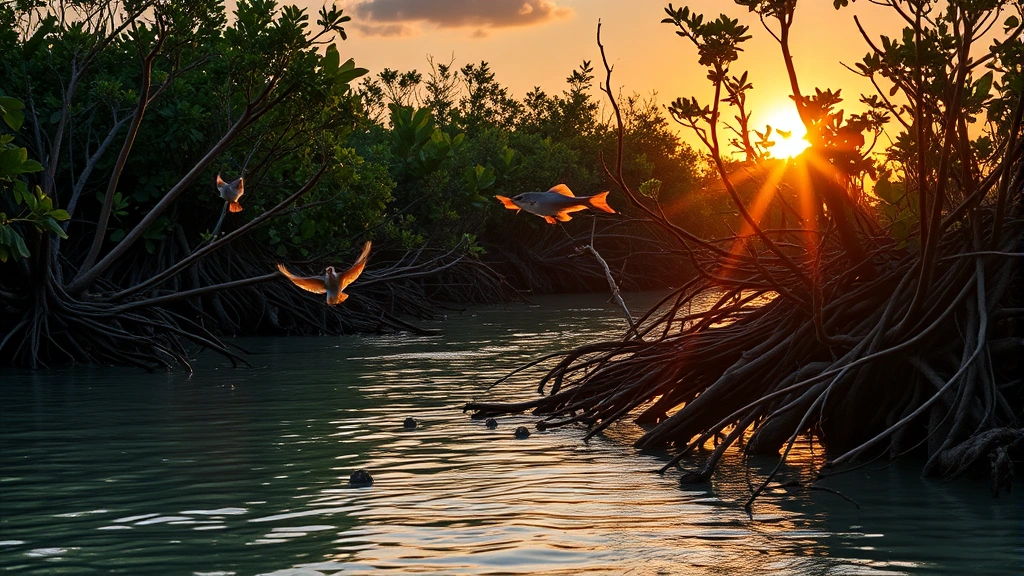 Coastal mangrove forest at sunset with intricate root systems in shallow water, fish jumping, birds nesting, golden light illuminating healthy marine-terrestrial ecosystem interface