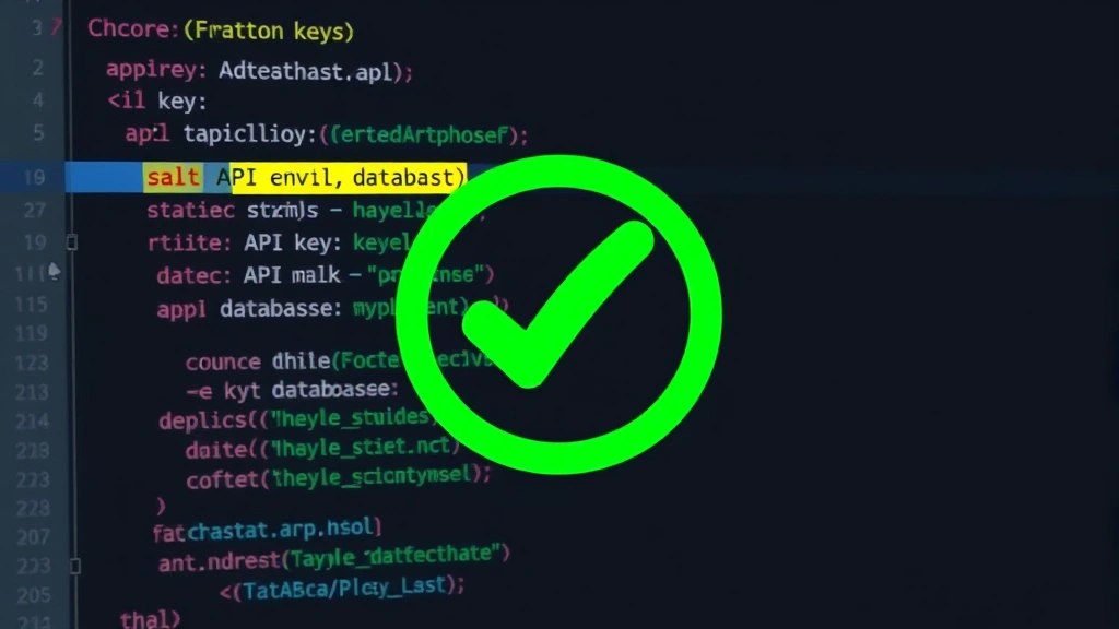 Close-up of a .env file opened in a code editor with various API keys and database URLs visible, with a green checkmark overlay indicating secure configuration practices